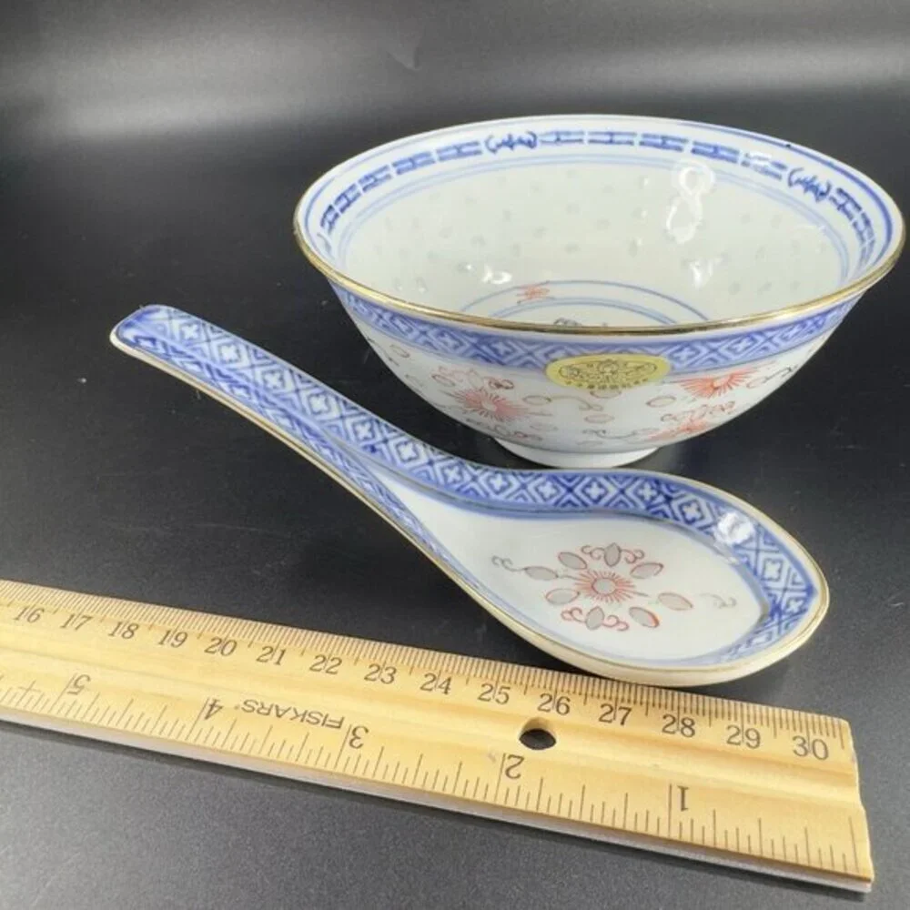Vintage Chinese‎ Porcelain Rice Grain Bowl And Spoon Decorated Bowl With Sticker